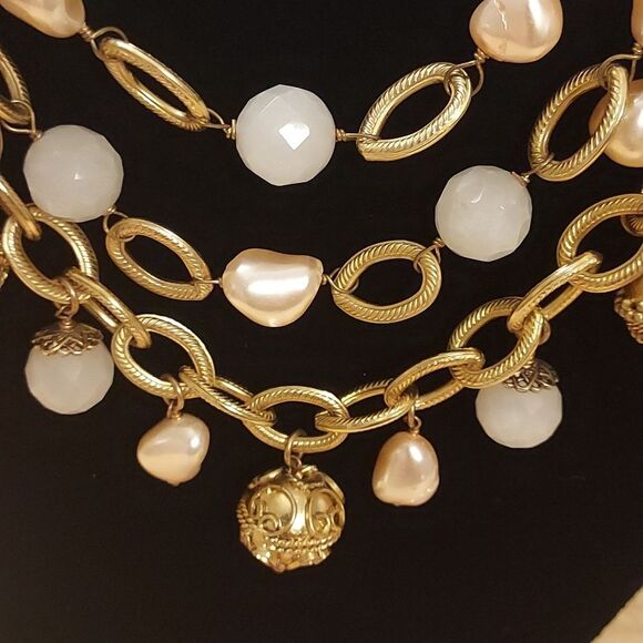 Gold triple multi chain layered bead necklace vintage - Picture 4 of 7